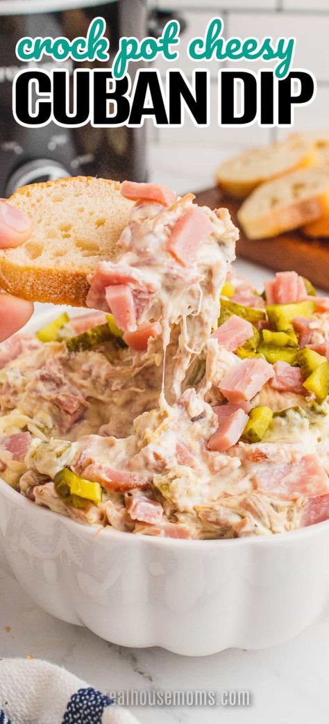 Enjoy a taste explosion of epic proportions! Crock Pot Cheesy Cuban Dip transforms a classic Cubano sandwich into the ultimate party food! #Realhousemoms #crockpot #cheesy #cubandip #cuban #appetizer #chips #gameday #sundayfunday #cubansandwich #partyfood #football Tailgate Food Crockpot, White Pizza Dip, Bbq Chicken Dip, Cuban Sandwich Recipe, Chip Dip Recipes, Cubano Sandwich, Crock Pot Dips, Cheesy Dip, Cajun Dishes