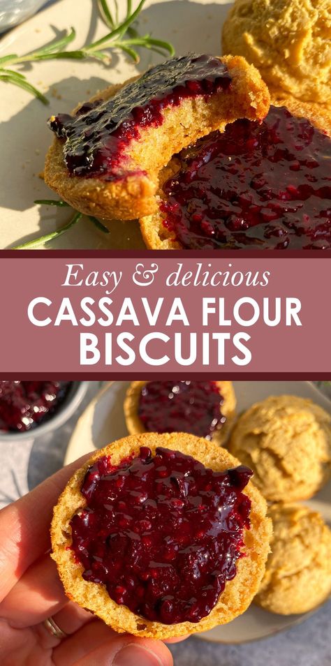 This easy paleo biscuit recipe is made with cassava flour. They are perfect for making biscuits and gravy, topping with butter or spreading with a homemade jam. Gluten free, grain free, dairy free and lightly sweetened with honey. #cassavaflour #grainfree #paleobiscuits Cassava Flour Cornbread, Cassava Biscuits Recipe, Baking With Cassava Flour, Cassava Flour Breakfast Recipes, Cassava Flour Burger Buns, Cassava Biscuits, Cassava Flour Dumplings, Cassava Flour Biscuits, Aip Biscuits