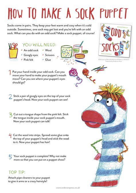 Make a Sock Puppet - from ODD SOCKS, Michelle Robinson & Rebecca Ashdown, Andersen Press 2016 Odd Socks Day, Nanny Crafts, Michelle Robinson, Clothing Study, Reading Week, Odd Socks, Sock Puppet, Felt Glue, Classroom Lesson Plans