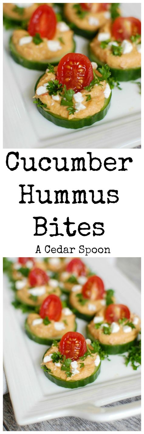 Cucumber Hummus Bites make the perfect finger food and appetizer for your next part or get together. Crisp cucumbers slices are topped with roasted red pepper hummus, tomatoes, feta cheese and fresh parsley.// A Cedar Spoon Cucumber Hummus Bites, Appetizers Cucumber, Jalapeno Recipes Appetizers, Hummus Bites, Friendsgiving Recipes Appetizers, Cucumber Hummus, Hummus Appetizers, Pilsbury Recipes, Pepper Hummus