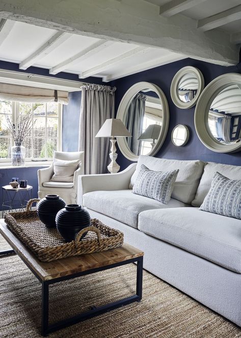 Blue Curtains Living Room Ideas, Living Room Mirror Ideas, Cottage Living Room Ideas, Living Room Cottage, Room Mirror Ideas, Cottage Lounge, Lounge Inspiration, Cottage Curtains, Living Room Mirror