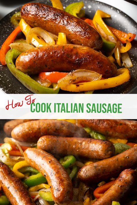 How to Cook Italian Sausage Links - We share the tried and true easy steps and tips to cook flavorful Italian sausages and peppers using the grill, oven, or stovetop. Plus our quick recipe for one skillet sausage and peppers with onions! | A Spicy Perspective Italian Sausage And Peppers Skillet, Dutch Oven Sausage And Peppers, Johnsonville Italian Sausage Recipes, Best Way To Cook Italian Sausage, What To Cook With Italian Sausage, Mild Italian Sausage Recipes Healthy, Beef Sausages Recipe, Cooking Italian Sausage On Stove, Smoked Italian Sausage Recipes