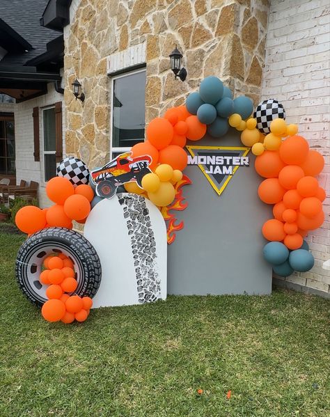 Backdrop for monster truck party Monster Truck Theme 3rd Birthday Party, Cars And Monster Trucks Birthday, Monster Truck Birthday Party Backdrop, Monster Truck Birthday Balloons, Monster Truck Photo Prop, Monster Jam Trunk Or Treat, Monster Truck Party Backdrop, Monsters Truck Birthday Party Ideas, Monster Jam Birthday Backdrop