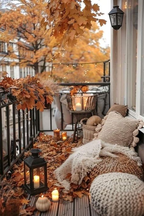 Fall Balcony Decor Apartment, Fall Balcony Decor, Fall Balcony, Fall Patio Decor, Classy Decor, Balcony Design, Master Bedrooms Decor, Autumn Cozy, Small Balcony