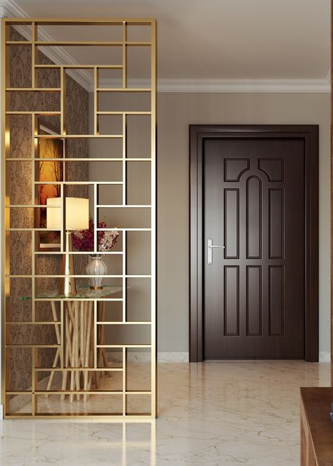 Foyer designs - Choose a contemporary gold divider to separate your foyer and living room   #gold #interiors #entrance #foyerdesign Garderobeløsning Gang, Room Divider Ideas Diy, Pintu Interior, Small Room Divider, Wall Partition Design, Living Room Divider, Diy Room Divider, Divider Design, Room Divider Walls