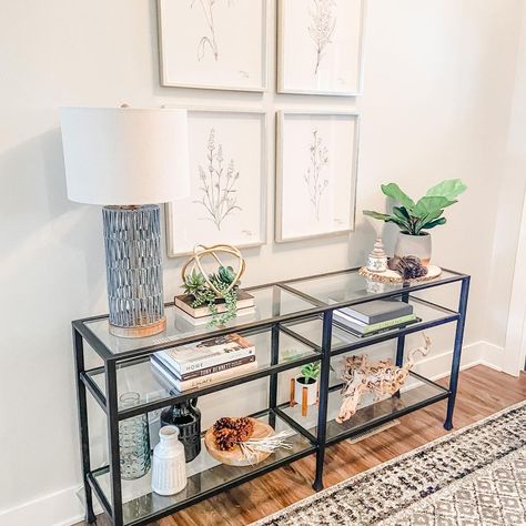 Console Table With Shelves Decorating, Entryway Glass Table Decor, Glass Entry Table Decor, Glass Console Table Decorating, Modern Asian Living Room, Glass Entry Table, Console Tables In Living Room, Glass Entryway Table, Couch Console