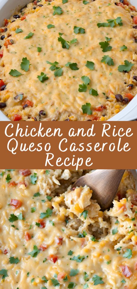 Chicken and Rice Queso Casserole Recipe | Cheff Recipes Queso Casserole, Food Casseroles, Rice Casserole Recipes, Roast Zucchini, Simple Green Salad, Cheesy Sauce, Diced Chicken, Chicken And Rice, Cheesy Chicken