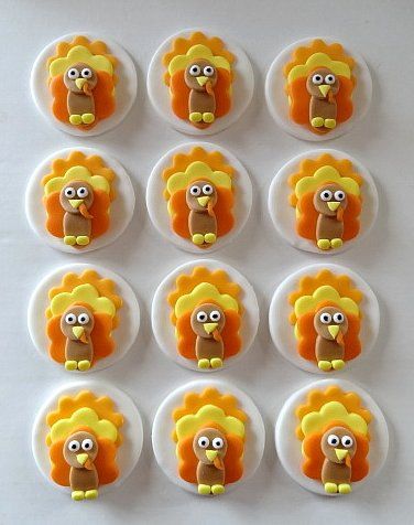 12 Fondant Edible Cupcake toppers - Turkey/Thanksgiving on Etsy, $26.00 Fondant Cupcake Topper, Turkey Cupcakes, Thanksgiving Cake, Thanksgiving Cupcakes, Thanksgiving Cakes, Edible Cupcake Toppers, Thanksgiving Treats, Delicious Thanksgiving, Fondant Cookies