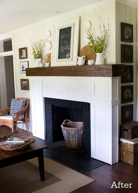 Our Fireplace- After | The Lettered Cottage Modern Fireplace Mantels, Fireplace Mantel Shelf, Wood Mantle, White Fireplace, Fireplace Remodel, Diy Fireplace, Home Fireplace, Modern Fireplace, The Fireplace