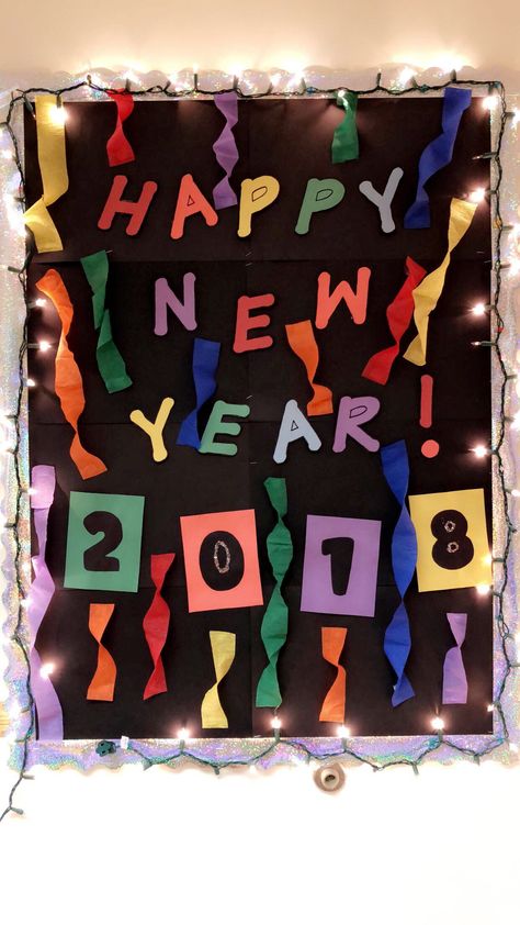 Happy New Year Board Decoration Ideas For School, Happy New Year Classroom Door Ideas, Happy New Year Bulletin Board Ideas, New Year Door Decorations For School, New Years Door Decorations Classroom, New Year Bulletin Boards For School, Happy New Year Bulletin Boards, New Years Bulletin Boards For School, New Year Classroom Door