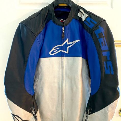 Alpine Stars Stunt 2 Leather Motorcycle Jacket Blue Racer Jacket, Blue Winter Motorcycle Outerwear, Alpine Stars Jacket, Luxury Blue Biker Outerwear, Blue Biker Jacket With Zipper Closure, Thermal Vest, Motorcycle Pants, Simple Fits, Perforated Leather