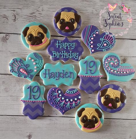 Pug Cookies Decorated, Pug Cookies, Pug Cakes, Birthdays Wishes, Pug Cake, Rocket Party, Happy Birthday Cookie, Kitten Birthday, 9th Birthday Parties