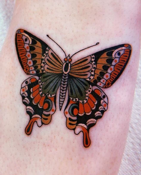 Moth Heart Tattoo, Brown Moth Tattoo, Folk Art Butterfly Tattoo, Traditional Butterfly Tattoo Color, Folk Butterfly Tattoo, Sunset Moth Tattoo, Old School Moth Tattoo, Neotraditional Butterfly Tattoo, American Traditional Sternum Tattoo