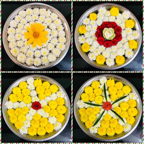 Floating flowers Uruli Decor Floating Flowers, Pooja Thali Decoration Ideas, Indian Floral Decor, Arti Thali Decoration, Poo Kolam, Simple Flower Rangoli, Flowers Rangoli, Home Flower Decor, Thali Decoration