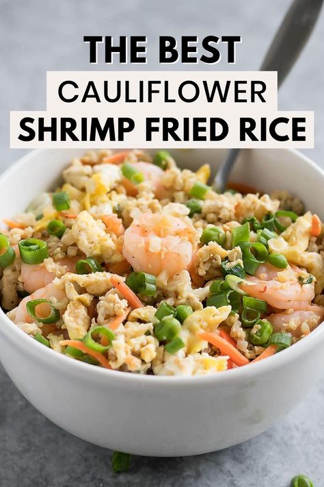 Forget takeout. Make the Best Cauliflower Shrimp Fried Rice at home using riced cauliflower, carrots, peas, onions, garlic, and coconut aminos in just 15 minutes! A healthy version of fried rice perfect for dinner! Cauliflower Shrimp Fried Rice, Shrimp Fried Cauliflower Rice, Shrimp Cauliflower Fried Rice, Shrimp Cauliflower, Fried Rice At Home, Fried Cauliflower Rice, Spicy Fish Tacos, Turkey Meatballs Healthy, Shrimp Fried Rice Recipe