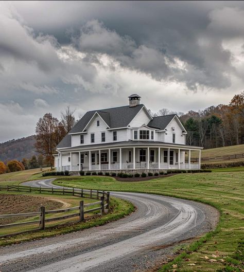 Farmhouse From Outside, White Farmhouse Outside, Farmhouse On Land Country Living, Country House With Wrap Around Porch, Big Farmhouse Exterior, Houses On A Farm, Country Homes Farmhouse, White House’s, Big White House Farmhouse