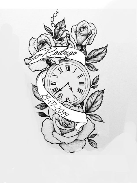 Clock And Rose Tattoo Design For Women, Clock Tattoo Ideas For Women, Clock Tattoo Design Women, Clock Tattoos For Women, Tato Jam, Clock And Rose Tattoo, Watch Tattoo Design, Baby Tattoo Designs, Baby Name Tattoos