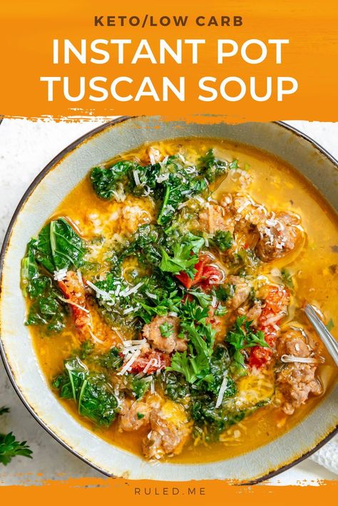 This instant pot Tuscan soup is sure to become one of your new favorites. It contains lots of protein from the Italian sausage, rich and silky cream, and tasty parmesan cheese. Keto Tuscan Soup, Soup Stovetop, Keto Italian, Keto Instant Pot, Tuscan Soup, Keto Dinners, Hot Italian Sausage, Dinners To Make, Keto Soup