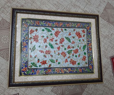 A painting made up on canvas with glass and acrylic paint and 3d outliners. Decorated with meena stones. 3d Outliner Art, Meenakari Painting, Art Painting Tools, Indian Art Paintings, Doodle Sketch, Painting Tools, Indian Art, Glass Painting, Acrylic Paint