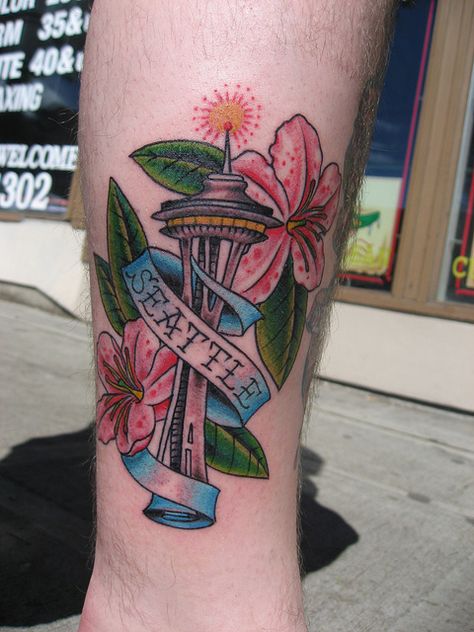 Space Needle tattoo Space Needle Tattoo, Seattle Tattoos, Azalea Tattoo, Washington Tattoo, Seattle Tattoo, Needle Tattoo, The Emerald City, Traditional Sleeve, Space Needle Seattle