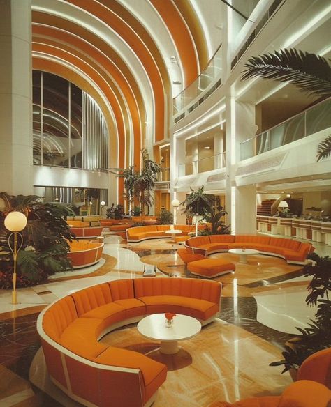 Soft Surrealism Interior Design, Retrofuture Interior, Retrofuturism Decor, Retro Futurism Interior Design, 1970 Architecture, Retrofuture Aesthetic, 80s Architecture, Retro Futurism Interior, 60s Architecture