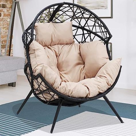 Beautiful Egg Chair for indoor/outdoor spaces. #Summer #fun #indoor #outdoor #Eggchair #patio #garden Egg Chair Indoor, Wicker Egg Chair, Unique Patios, Lounger Chair, Basket Chair, Outdoor Loungers, Living Room Patio, Loungers Chair, Patio Backyard