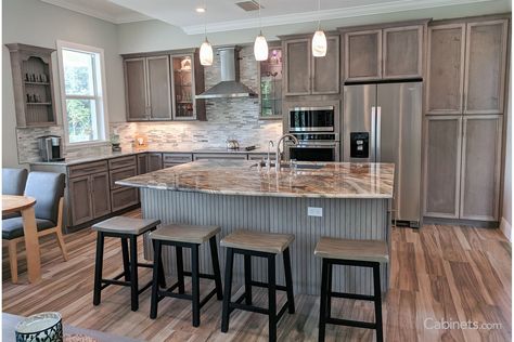 Open Concept Kitchen Featuring Storm Gray Stained Cabinets with Glass Accents - Cabinets.com Kitchen Gray Countertops, Grey Stained Kitchen Cabinets, Gray Stained Cabinets, Stained Cabinets, Stained Kitchen Cabinets, Brown Kitchen Cabinets, Order Kitchen, Free Kitchen Design, Grey Countertops