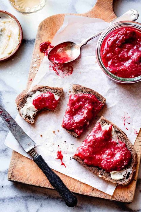 Strawberry Jam Photography, Jam Food Photography, Jam On Toast, Yogurt Oatmeal, Rhubarb Jam Recipes, Bojon Gourmet, Jam Toast, Strawberry Rhubarb Jam, Sugar Free Jam