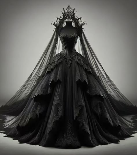 Victorian Wedding Dress Black, Black Dress Fantasy Gowns, Black Wedding Dresses Ball Gown, Vampire Queen Dress, Dark Fantasy Gown, Goth Ball Gown, Black Wedding Dresses Gothic, Dark Gown, Gothic Wedding Dress Black