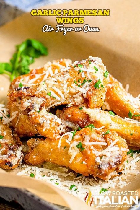 Garlic Parmesan Wings (Air Fryer or Oven) + Video - TSRI Air Fry In Oven, Parmesan Wings Air Fryer, Garlic Parmesan Wings Air Fryer, Garlic Parmesan Wings Recipe, Parmesan Wings Recipe, Wings Air Fryer, Wings In The Air Fryer, Parmesan Wing Sauce, Italian Casserole