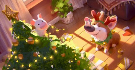 ArtStation - Almost there, Lynn Chen Christmas Illust, Pixar Christmas, Lynn Chen, Bubble Christmas, Color Script, Puppy Art, Anime Christmas, Winter Illustration, Almost There