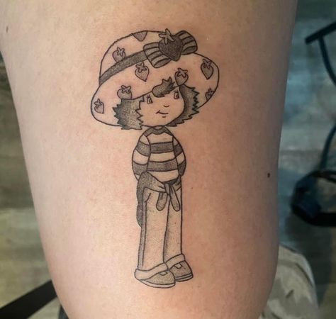 Strawberry Shortcake Tattoo Ideas Small, Strawberry Shortcake Tattoo Small, Strawberry Shortcake Tattoo Ideas, Childhood Tattoo Ideas, Strawberry Shortcake Tattoo, Sticker Sleeve Tattoo, Cartoon Tattoo Ideas, Pretty Flower Tattoos, Strawberry Tattoo