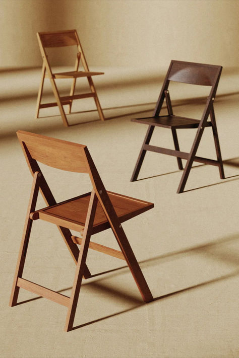 Challenging the conventional notion that folding chairs are supplementary, the Folding Flat Chair is designed with spatial permanence in mind. Making the most of its environment, the chair folds down to a flat profile of four centimeters for wall hanging and ease of storage. Fold Up Chairs, Wooden Folding Chairs, Space Efficiency, Folding Dining Chairs, Foldable Chairs, Folding Furniture, Folding Chairs, Compact Living, Childrens Furniture