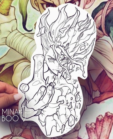 Dr Stone Tattoo Ideas, Dr Stone Tattoo, Chicano Tattoos Sleeve, Stone Tattoo, Gamer Tattoos, Manga Coloring Book, Chicano Tattoos, Fantasy Tattoos, Aztec Tattoo