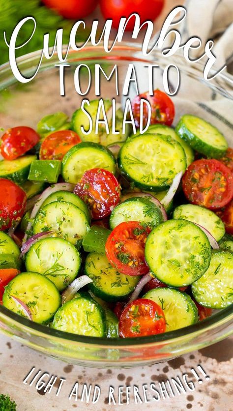 This cucumber tomato salad is full of fresh sliced cucumbers, cherry tomatoes, red onion and green peppers, all tossed in an herb dressing. Pickled Cherries, Herb Dressing, Pepper Salad, Cucumber Tomato Salad, Green Peppers, Pickling Cucumbers, Cucumber Tomato, Tomato Salad, Everyday Food