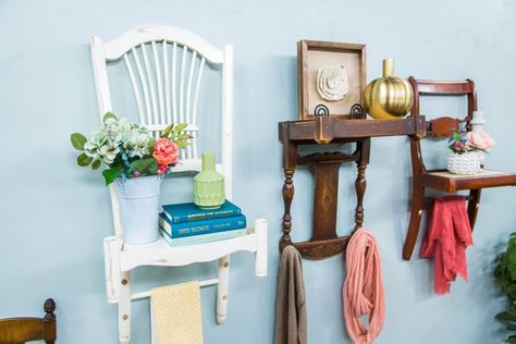 Chair Shelves, Pool House Bathroom, Old Wooden Chairs, Family Tv, Family Diy, Old Chairs, Old Chair, Small Chair, Furniture Hacks