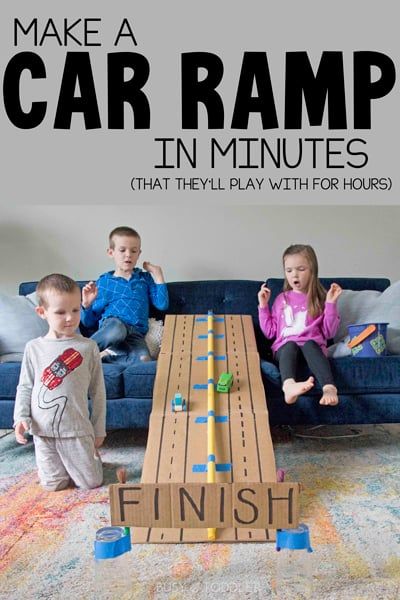 Car Ramp: an easy STEM activity for kids - Busy Toddler Car Ramp, Rainy Day Activities For Kids, Car Activities, Homeschool Preschool Activities, Easy Activities, Rainy Day Activities, Busy Toddler, Toddler Learning Activities, Birthday Games