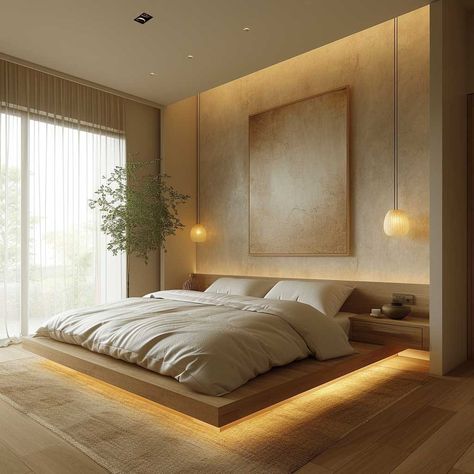 The Gentle Art of Zen Style in Home Interior Design • 333k+ Inspiring Lifestyle Ideas Zen Interior Design Bedroom, Modern Natural Bedroom, Zen Style Bedroom, Japandi Bed, Japandi Bedroom Interior Design, Bedroom Ideas Elegant, Modern Japanese Bedroom, Japandi Style Bedroom, Minimal Bedrooms