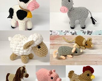 Crochet Farm Animals, Crocheted Cow Pattern, Animal Knitting, Crochet Unique, Crochet Sheep, Crochet Pig, Baby Farm Animals, Chicken Pattern, Crochet Horse