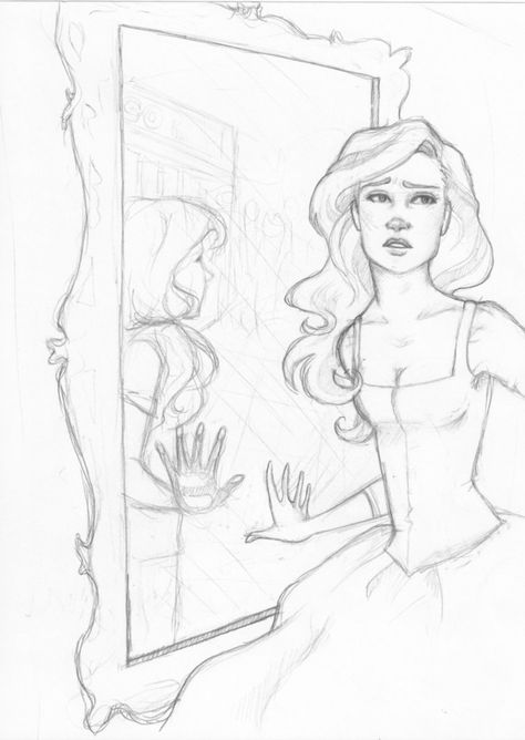 A drawing of Beatrice Whaley from the webcomic The Dreamer. In the mirror is supposed to be a reflection of her in the modern day hall of her school. Eventually maybe I'll color it or add on to it ... Drawing Base Mirror, Mirror Portrait Drawing, Drawing Of Someone Looking In The Mirror, Person Looking In Mirror Drawing Base, Standing In Mirror Drawing, Your Reflection Drawing, Art Pose Sketch, How To Draw Mirror Reflection, Standing In Front Of Mirror Drawing