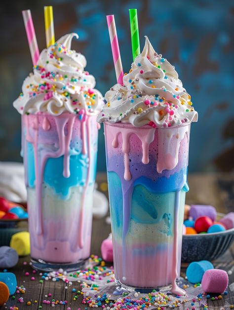 🦄 Unicorn Delight Freakshakes ��🦄  Enjoy a magical treat with our Unicorn Delight Freakshakes!   🦄 𝗜𝗻𝗴𝗿𝗲𝗱𝗶𝗲𝗻𝘁𝘀 🦄 For the Milkshake: 2 cups vanilla ice cream 🍦 1 cup whole milk 🥛 1/2 teaspoon vanilla extract 🍨 Food coloring (blue, pink, purple) 🎨 For the Toppings: Whipped cream 🧁 Sprinkles 🌈 Rainbow candy 🌈 Marshmallows 🍡 Unicorn-themed candies (optional) 🦄 M&m Milkshake, Ice Cream In A Cup, Candy Marshmallows, Freakshakes Recipe, Unicorn Milkshake, Neon Candy, Unicorn Ice Cream, Cake Pop Decorating, Rainbow Ice Cream