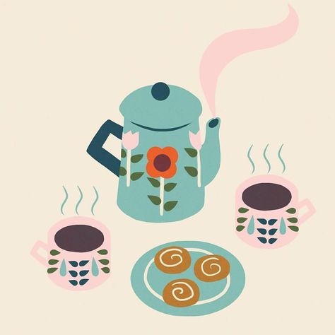 Yay it’s Friday! Fika time!! ☕️🍪🍩#fika #coffee #break #motd #fridaymood 🎨by amazing @naomipwilkinson Groovy Drawings, Naomi Wilkinson, Hygge Art, Time Illustration, Tea Illustration, Podcast Logo, Swedish Art, Coffee Art Print, Coffee Aroma