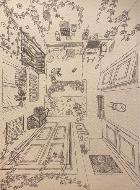 Drawing Rooms In Perspective, How To Draw A Room In Perspective, Art Inspo Perspective, Room Perspective From Above Drawing, Cute Apartment Drawing, One Point Perspective Room Aesthetic, Interior Design Room Sketch, Drawing Room Perspective, 1 Perspective Room