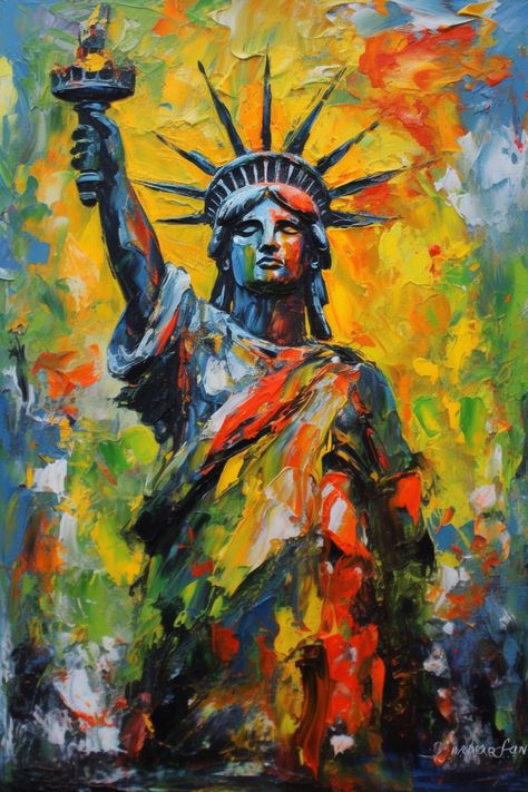 Statue Of Liberty Artwork, Statue Of Liberty Painting, Indie Photos, Prompts Ideas, Abstract Portraits, American Theme, Colourful Abstract, Afrocentric Art, Amazing Paintings