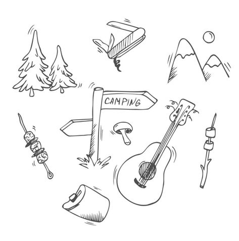 Set of vector pictures on the theme of camping. Doodle style. Suitable for postcards, for backgrounds, flyers, decorations, banners. It can be used as a sample for the designer. Eps 8. Summer Camp Drawing, Camp Drawing, Camping Doodles, Camping Pictures, Vector Food, Doodle Style, Collage Art, Banners, Art Journal