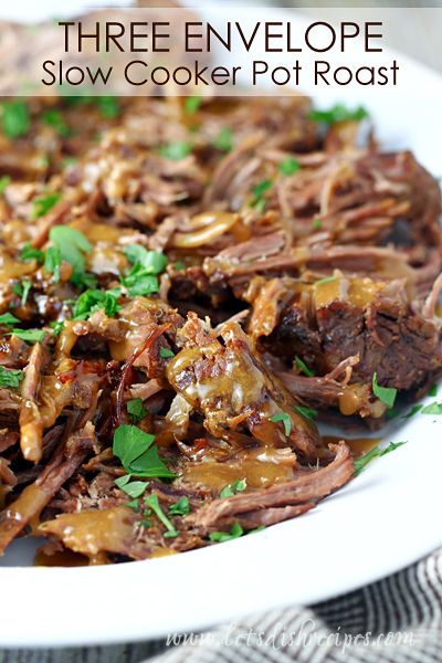 Three Envelope Slow Cooker Pot Roast on MyRecipeMagic.com Flavorful Pot Roast, Heathly Recipes, Slow Cooker Shredded Beef, Italian Pot Roast, Slow Cooker Pot Roast, Spanish Chicken, Crockpot Ideas, Pot Dinners, Slow Cooker Roast