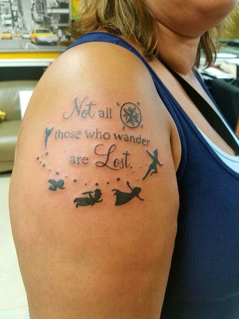 Peter Pan tattoo Peter Pan Pirate Ship Tattoo, Tinkerbell And Peter Pan Tattoo, Peter Pan Nail Art, Never Land Tattoo, Peter Pan Tattoo Ideas, Disney Tattoos Peter Pan, Peter Pan Nails, Peter Pan Tattoos, Disney Tattoos Quotes