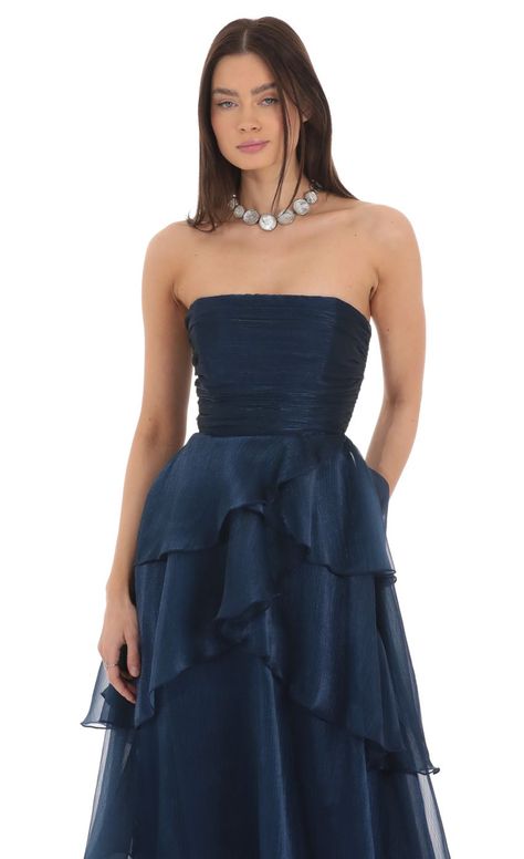 Formal Dresses Maxi, Graduation Guest Outfits, Senior Hoco, Navy Formal Dress, Folklore Dress, Tudor Period, Formal Ideas, Strapless Ruffle Dress, Prom Dress Inspo