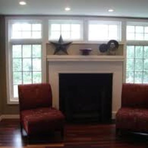 Window over fireplace, family room Window Over Fireplace, Fireplace With Window Above, Fireplace Under Window, Addition With Fireplace, Fireplace Between Windows, Tall Fireplace, Family Room Remodel, White Mantel, Transom Window