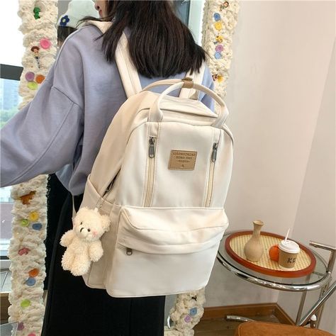 Cute Bag For School, White Backpack Aesthetic, School Backpack Ideas, Trendy School Backpacks, Korean Backpack, Cream Backpack, Backpack Beige, Simple Bag, Stylish School Bags